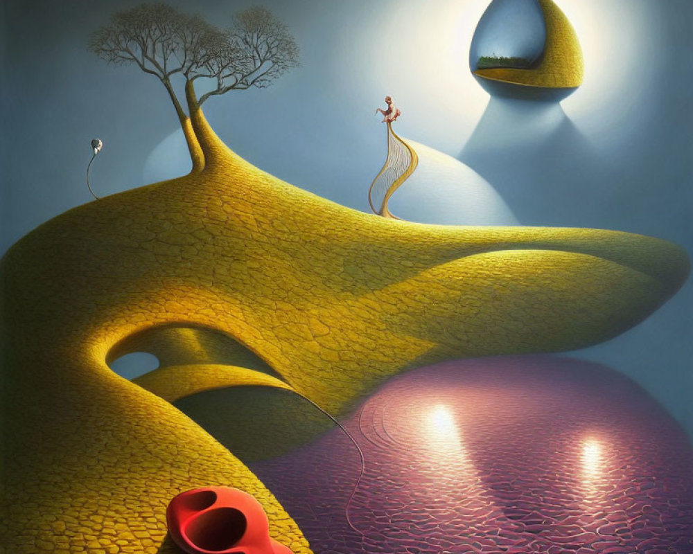 Surreal landscape with golden path, floating tear-shaped island, red hat, person with tree branch