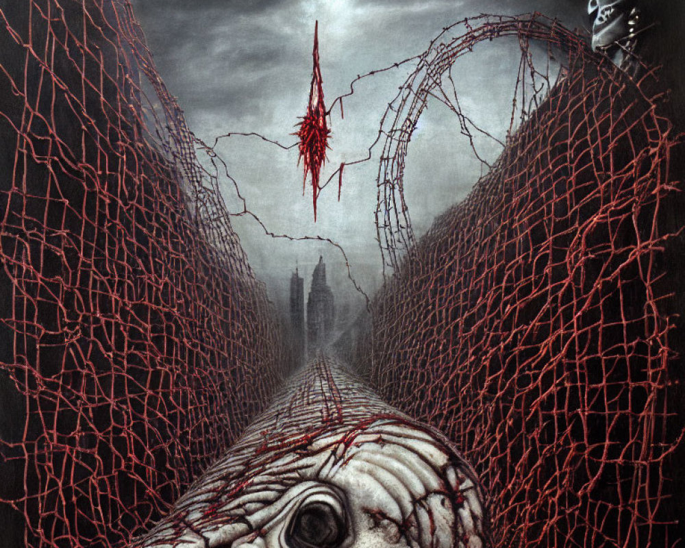 Dark surreal artwork: decaying face, barbed wire, skull, bleak cityscape, gloomy