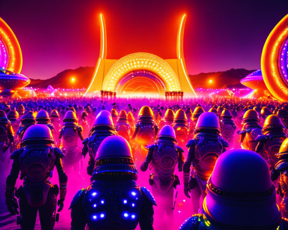 Futuristic Festival: People in LED Suits and Illuminated Structures