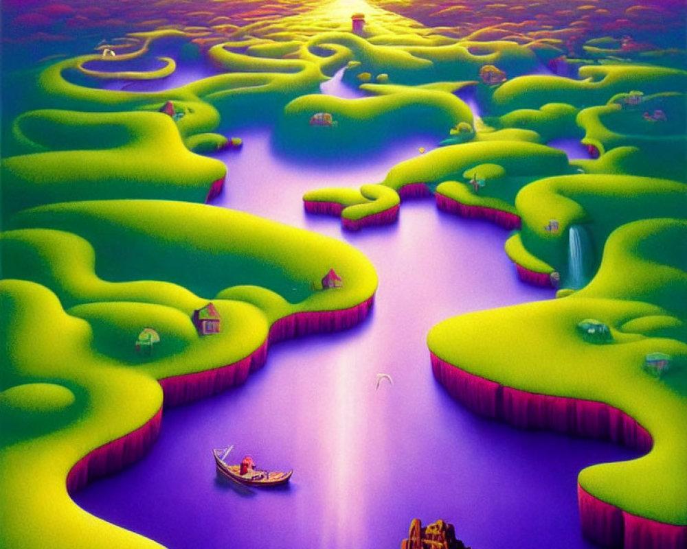 Surreal landscape with green river paths, houses, boat, undulating terrains, purple sunset