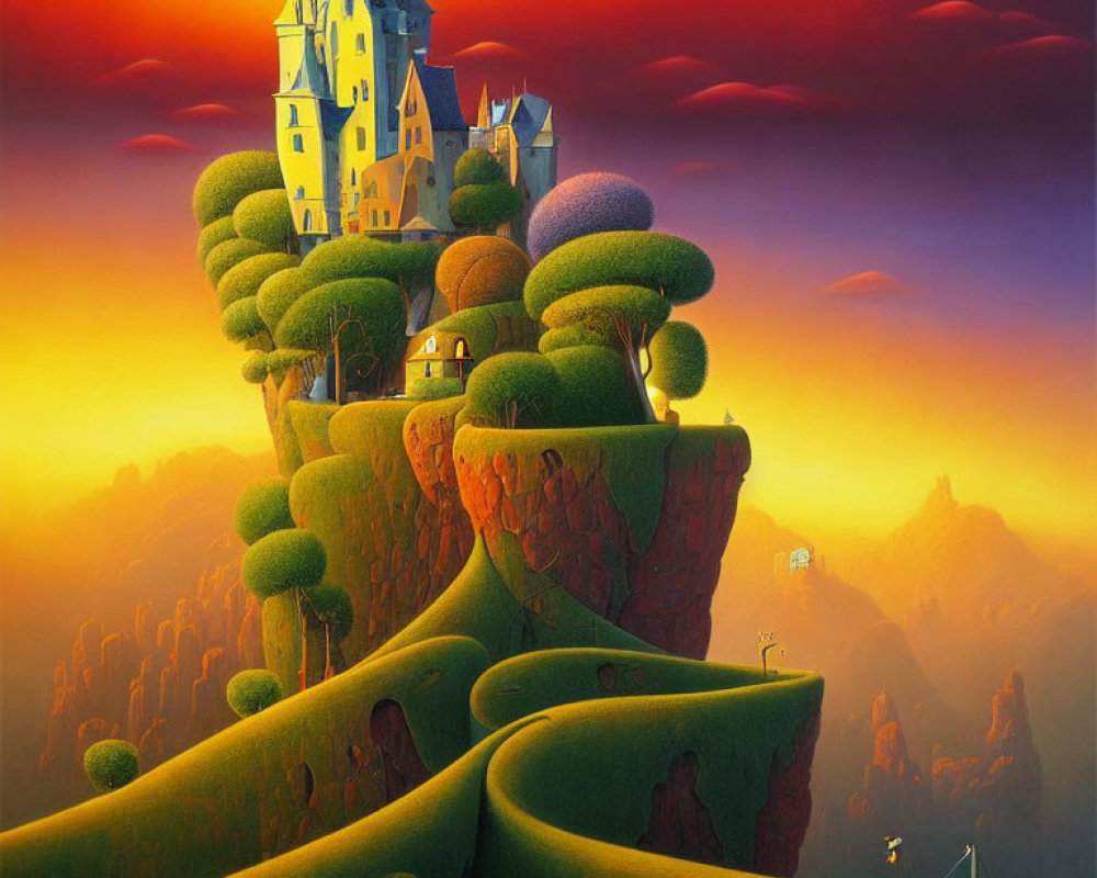 Whimsical painting of castle on cliff with surreal landscape