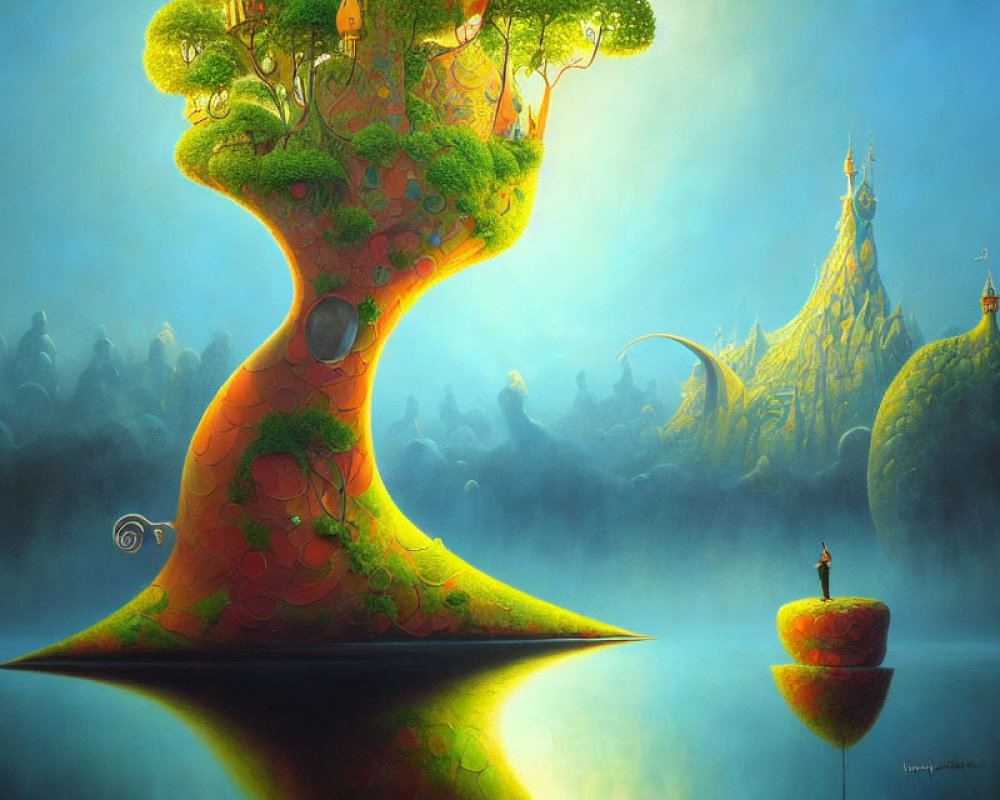 Whimsical art: Curvy tree with door on serene lake, islands, castle peak