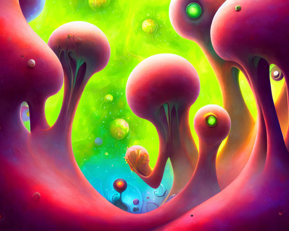 Colorful Surrealist Landscape with Mushroom-like Structures and Neon Glow