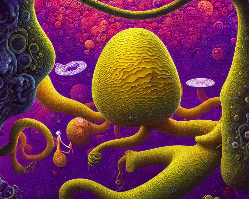 Colorful digital artwork: Yellow sphere with tendrils on purple background