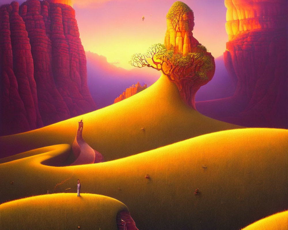 Scenic sunset landscape with golden hills, red cliffs, and lush rock formation