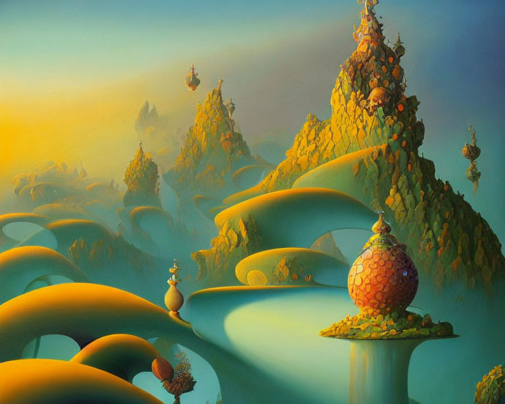 Fantastical landscape with rolling hills and surreal structures