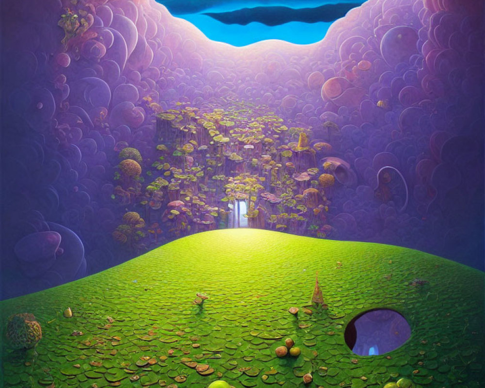 Vibrant green hill, luminous valley door, circular sky opening landscape