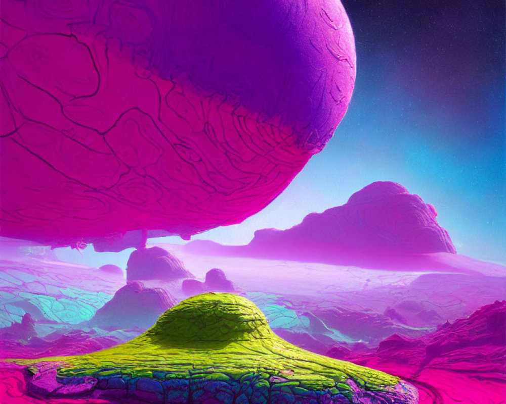 Colorful Alien Landscape with Pink Ground and Purple Planet