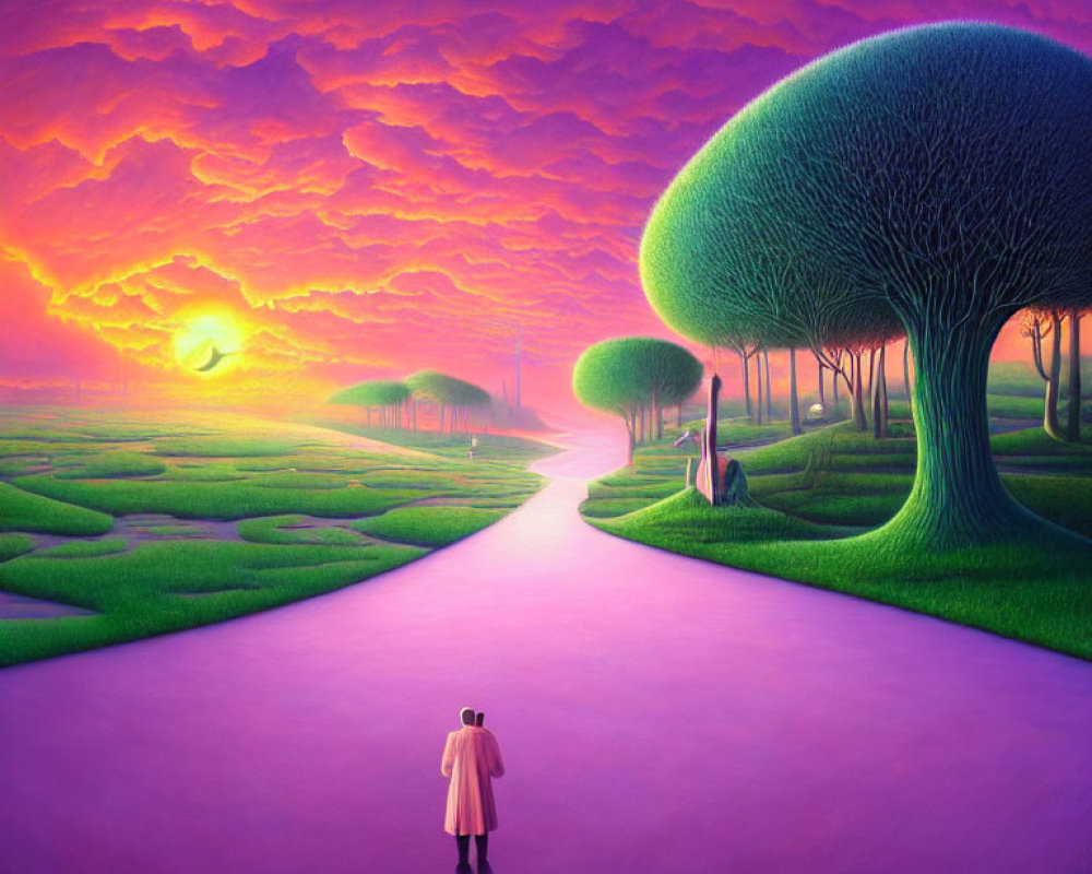 Vibrant purple and pink surreal landscape painting with setting sun, whimsical trees, and river.