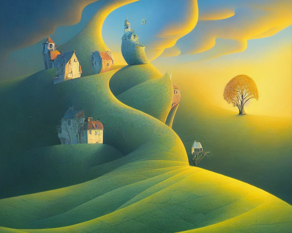 Whimsical surreal landscape with curved hills, quaint houses, and solitary tree under golden sky