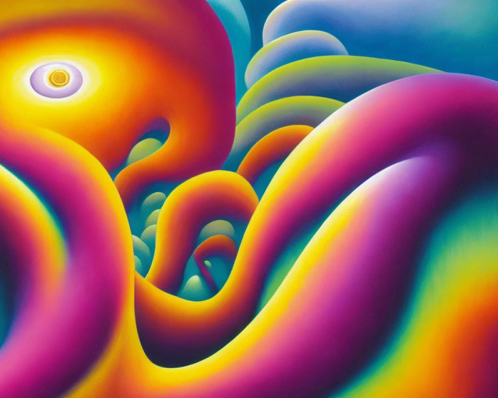 Colorful Abstract Painting with Swirling Shapes in Pink, Purple, Yellow, and Blue