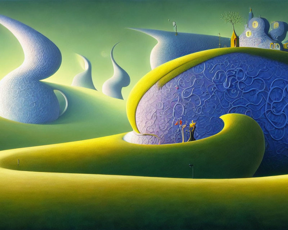 Surreal landscape painting with green hills, blue structures, and tiny figures