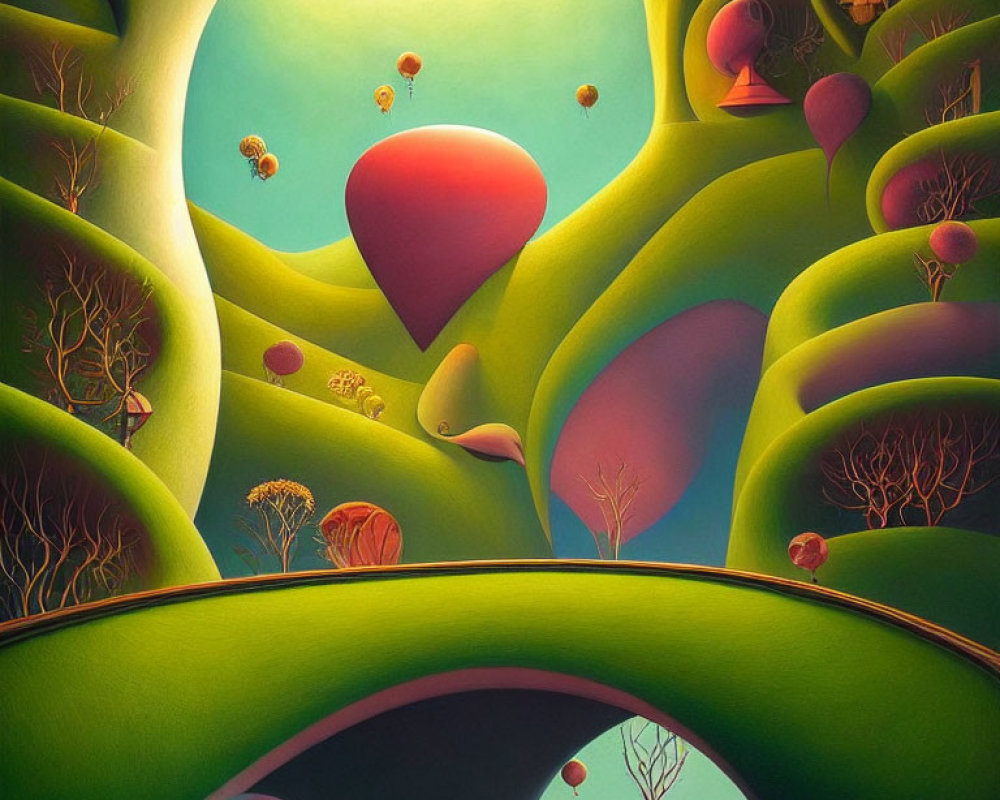 Vibrant green hills, barren trees, and red balloons in whimsical landscape