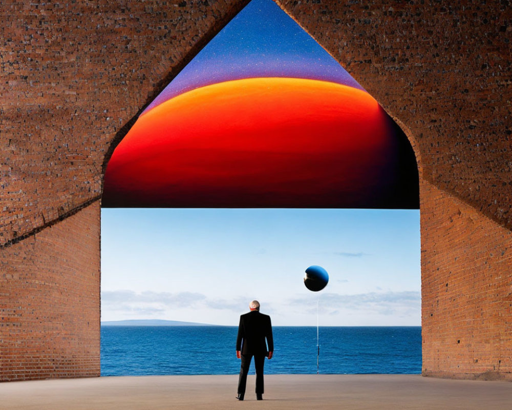 Person in Brick Archway Gazing at Surreal Sky and Floating Object