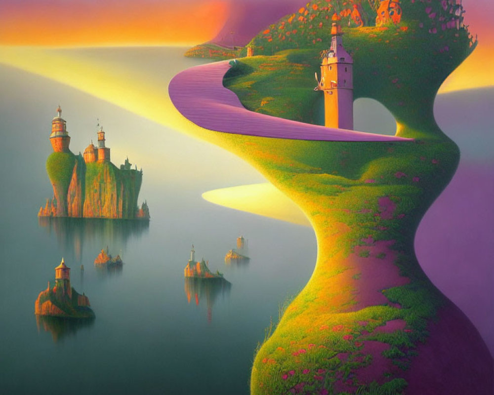 Surreal landscape with hourglass-shaped land formation and castles under purple sunset