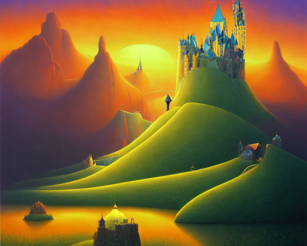 Vibrant castle on hill in fantasy sunset landscape