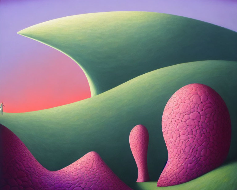 Surreal landscape painting with green hills, pink-pebbled shapes, lone figure, gradient sky