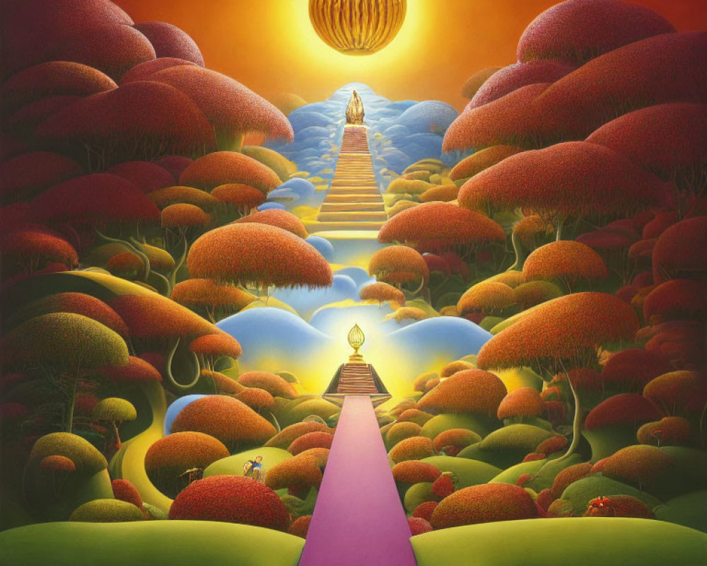 Surreal landscape with pink pathway, figure climbing stairs towards glowing orb, tree-covered hills.