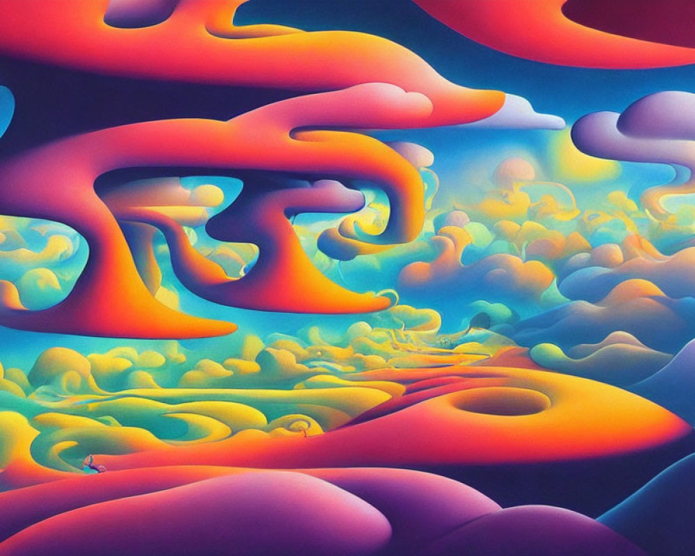 Vibrant surreal landscape with flowing orange, blue, and yellow shapes