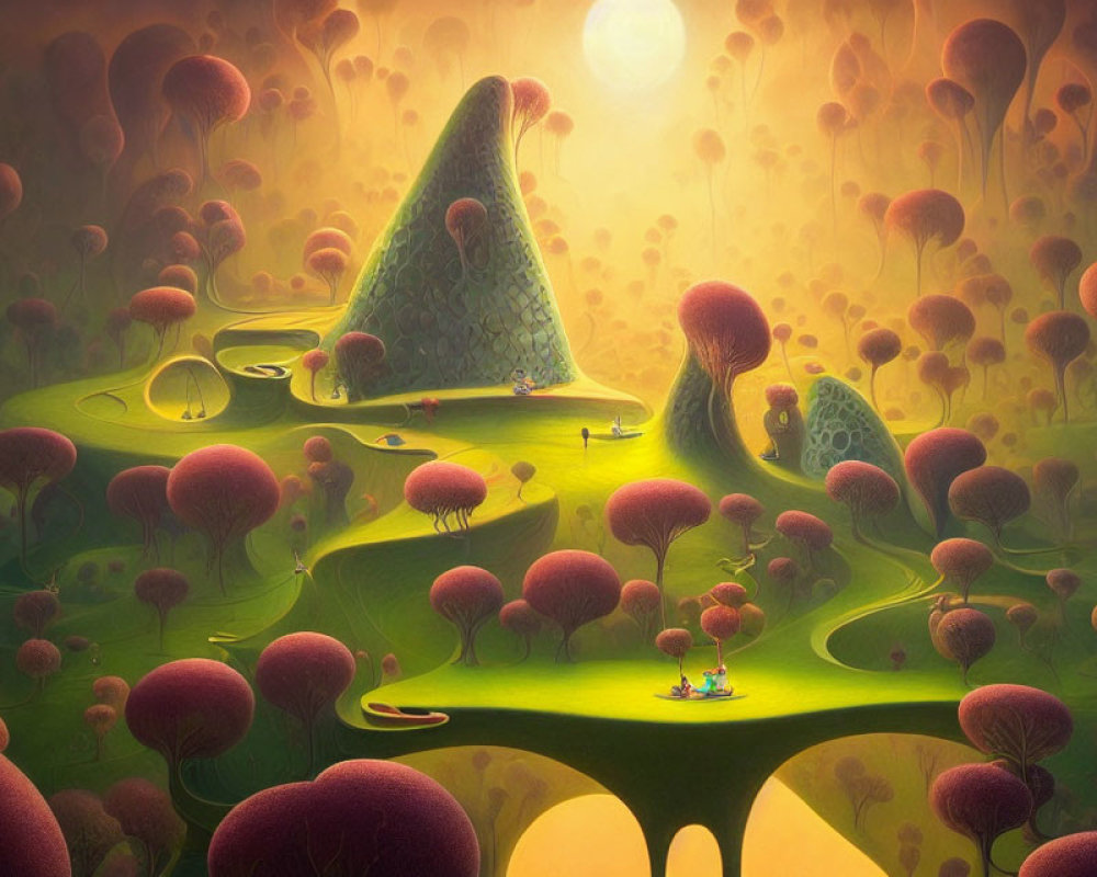 Fantasy landscape with green hills, mushroom trees, and tiny figures