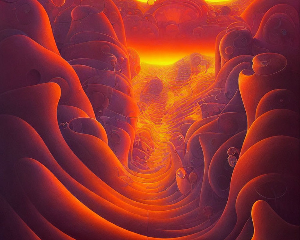 Surreal fiery landscape with glowing river and sun-like horizon