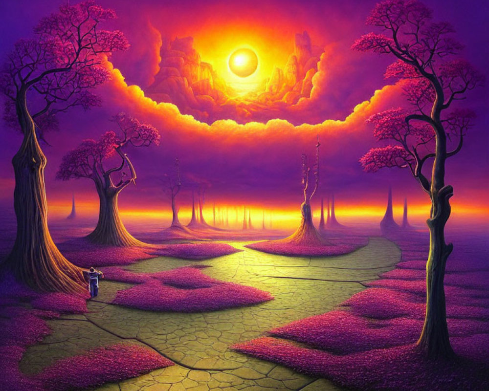 Colorful fantasy landscape with cobblestone path, surreal trees, and shining sun.