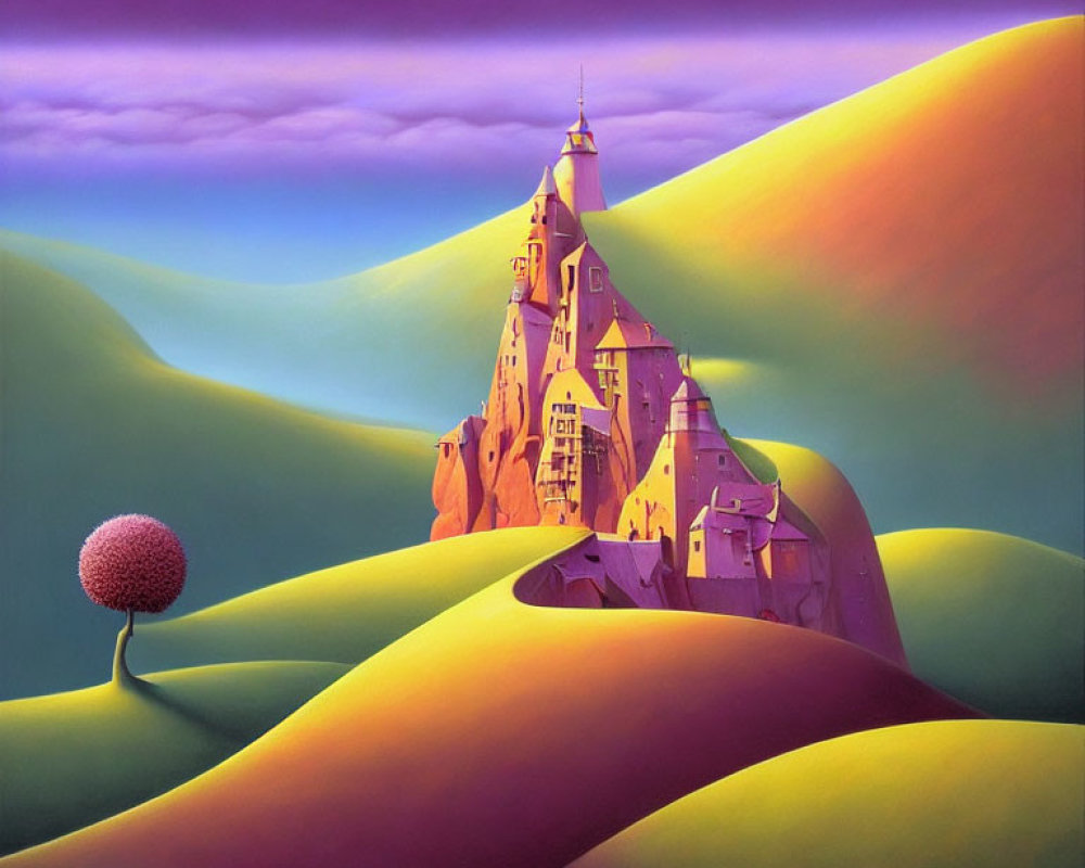 Vibrant surreal landscape with green hills, red tree, and purple castle