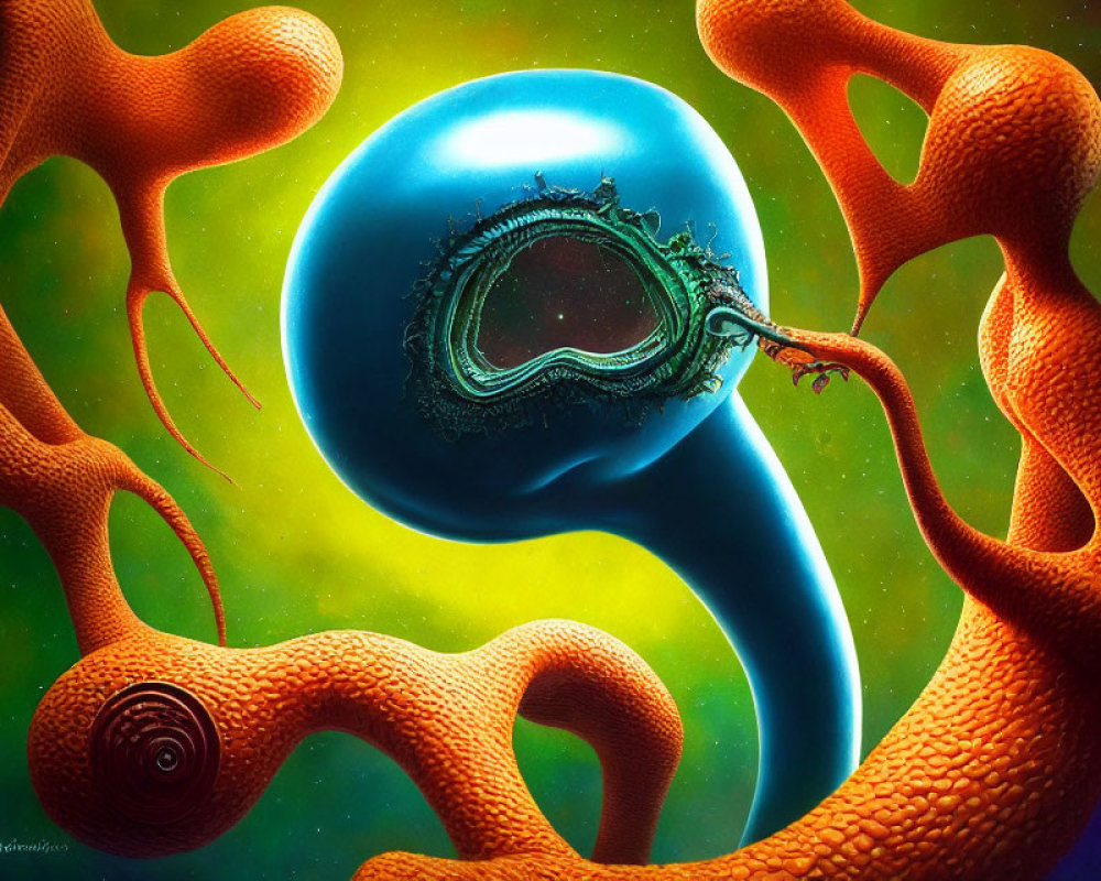 Colorful Surrealist Artwork: Glossy Blue Orb with Orange Tentacles