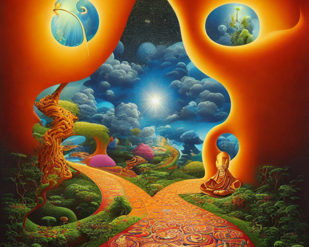 Colorful Surrealist Painting: Pathway to Star with Figures, Meditating Person, and Cosmic Landscape