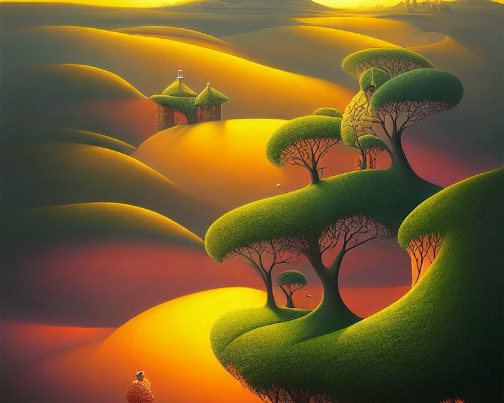 Surreal landscape with orange hills, green trees, and person in golden light