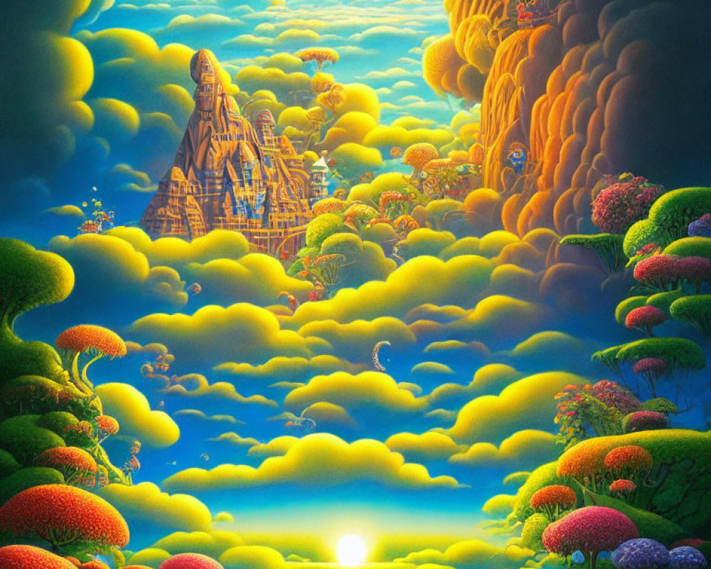 Colorful surreal landscape with sun, clouds, and exotic temple