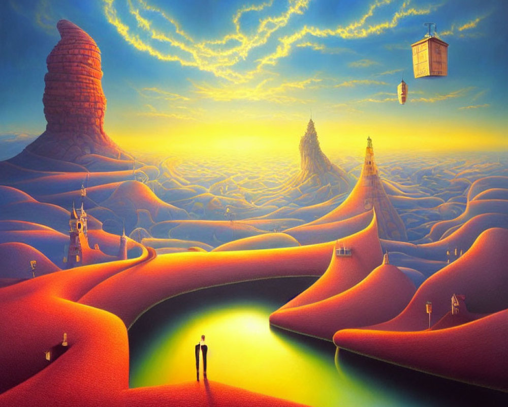 Surreal landscape with red dunes, glowing rivers, figure, lantern, and whimsical structures