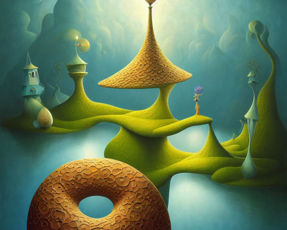 Surreal landscape with green hills, mushroom structures, floating lamppost, and doughnut object