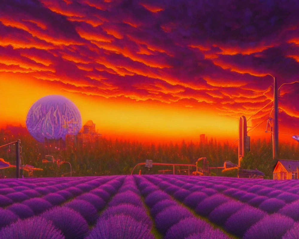 Surreal sunset with purple and orange sky, brain balloon, lavender field, and buildings