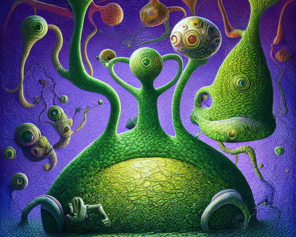 Colorful surreal artwork: green alien-like forms and tentacles around glowing orb on purple background.