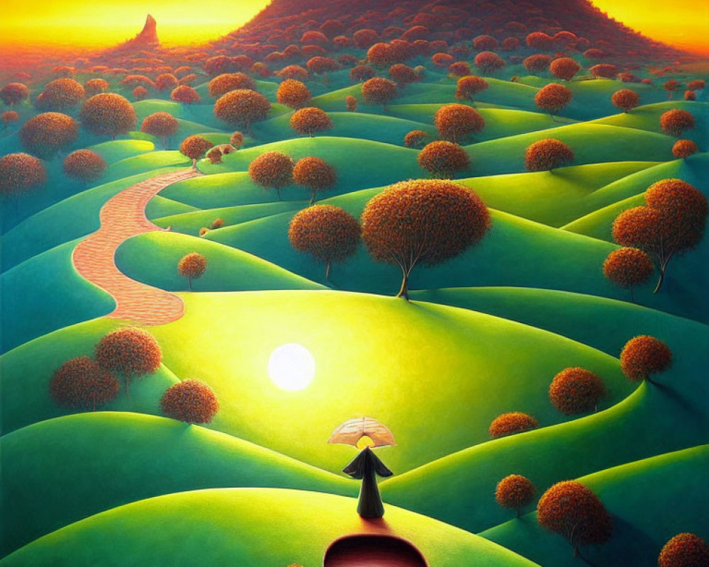 Surreal landscape with green hills, round trees, winding path, sun-like sphere, and figure