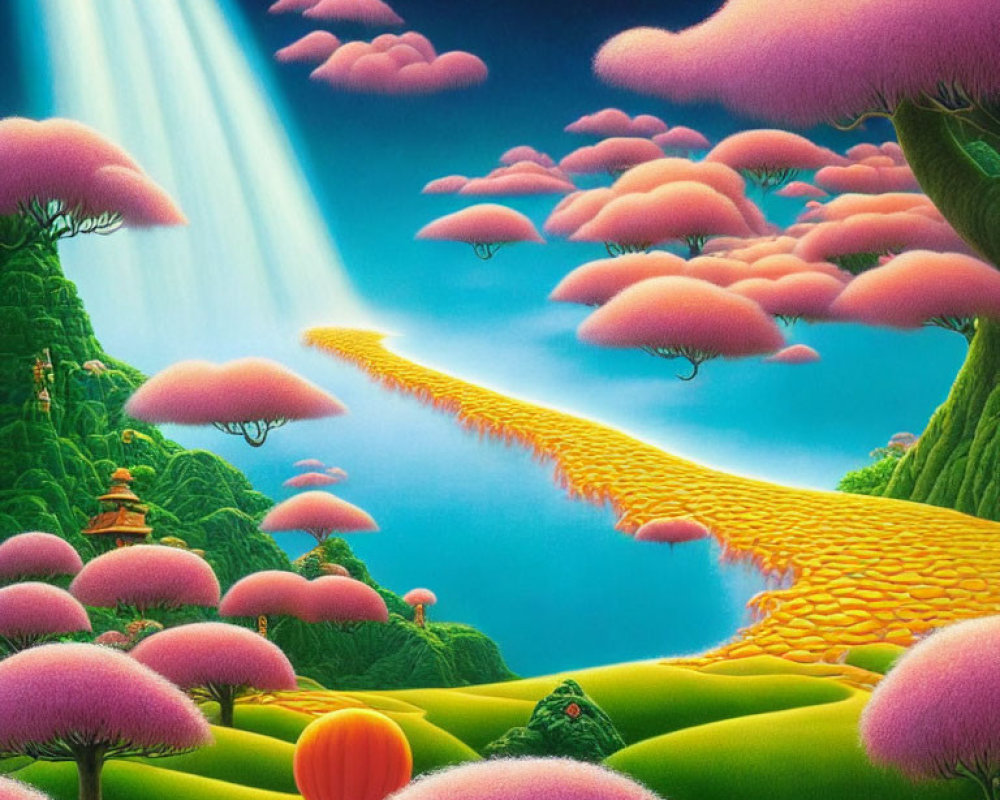 Colorful landscape with pink cloud-like trees and yellow brick road under blue sky