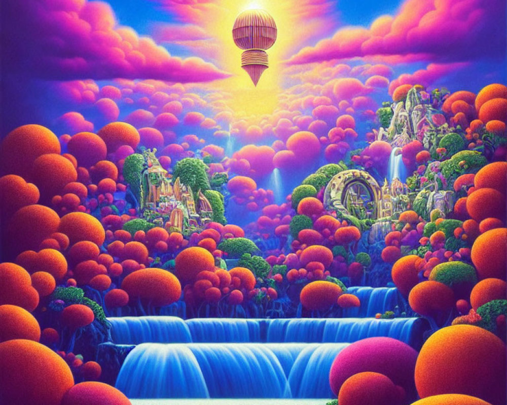 Fantasy landscape with waterfall, foliage, hot air balloon, and colorful sunset clouds