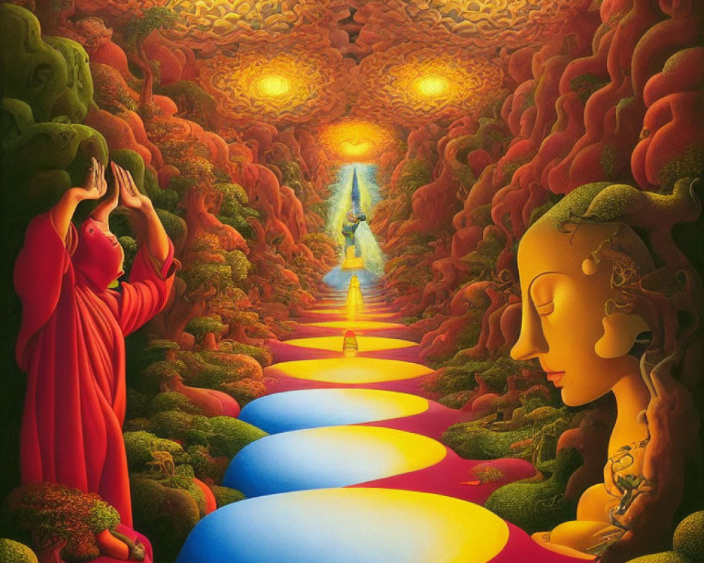 Colorful surreal path with red figure, floating orbs, and embedded faces