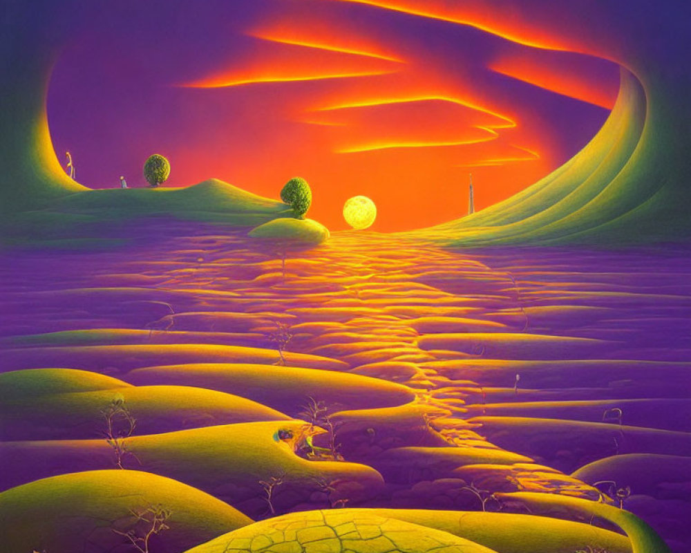 Surreal landscape with purple hills, bare trees, full moon, and orange sky