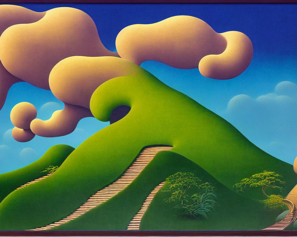 Surreal landscape with green hill, winding path, orange clouds