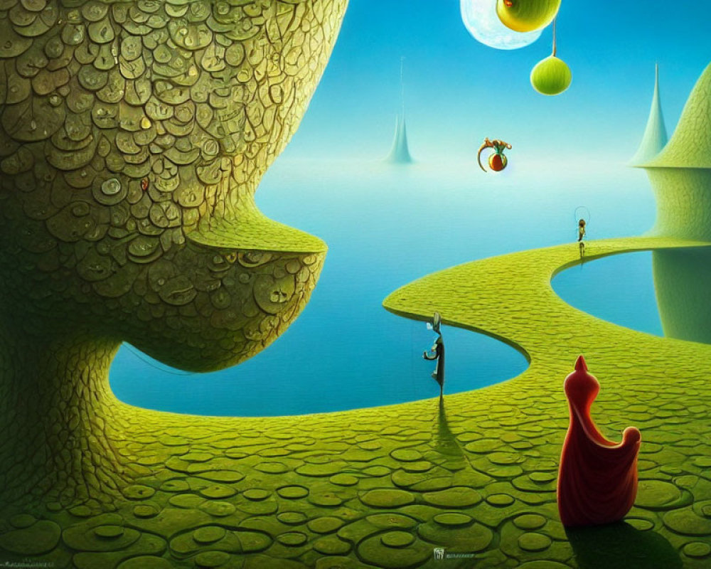 Surreal landscape with tree, hills, snail, fishing characters, and floating orbs