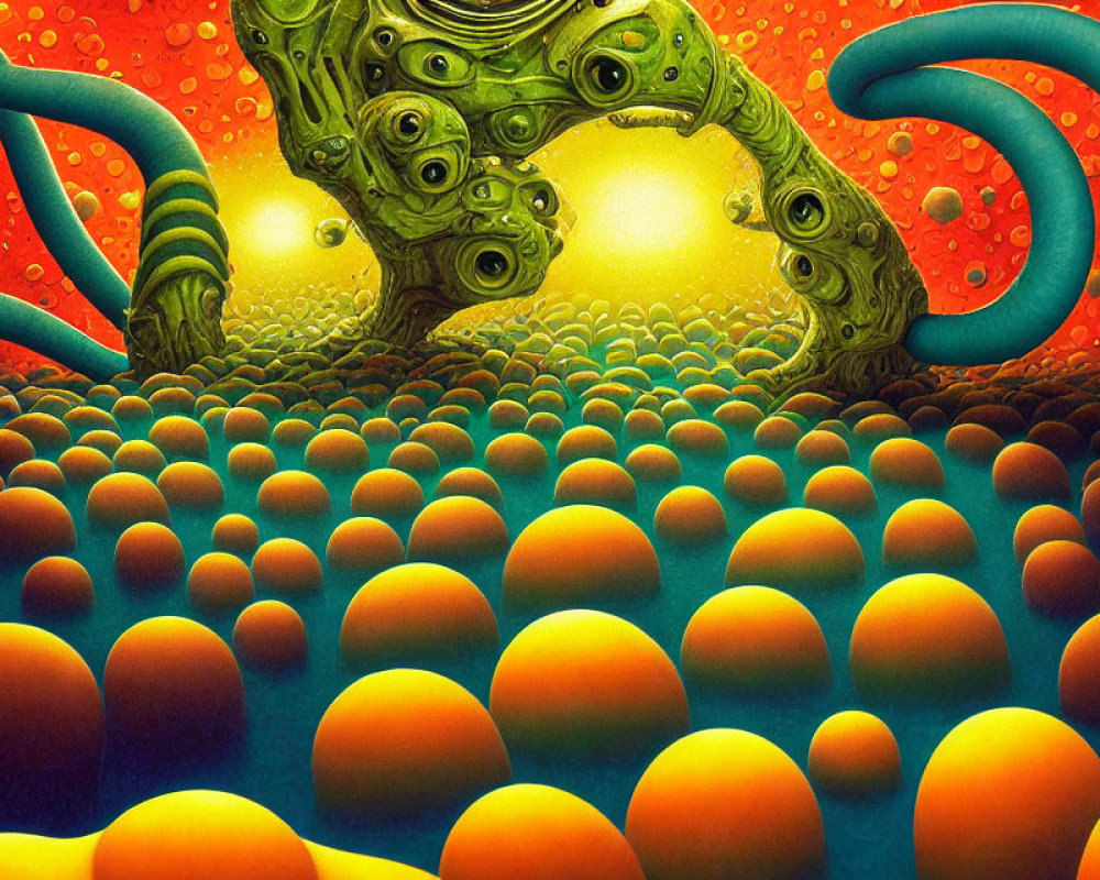 Surreal landscape with orange spheres and green tentacles on red background