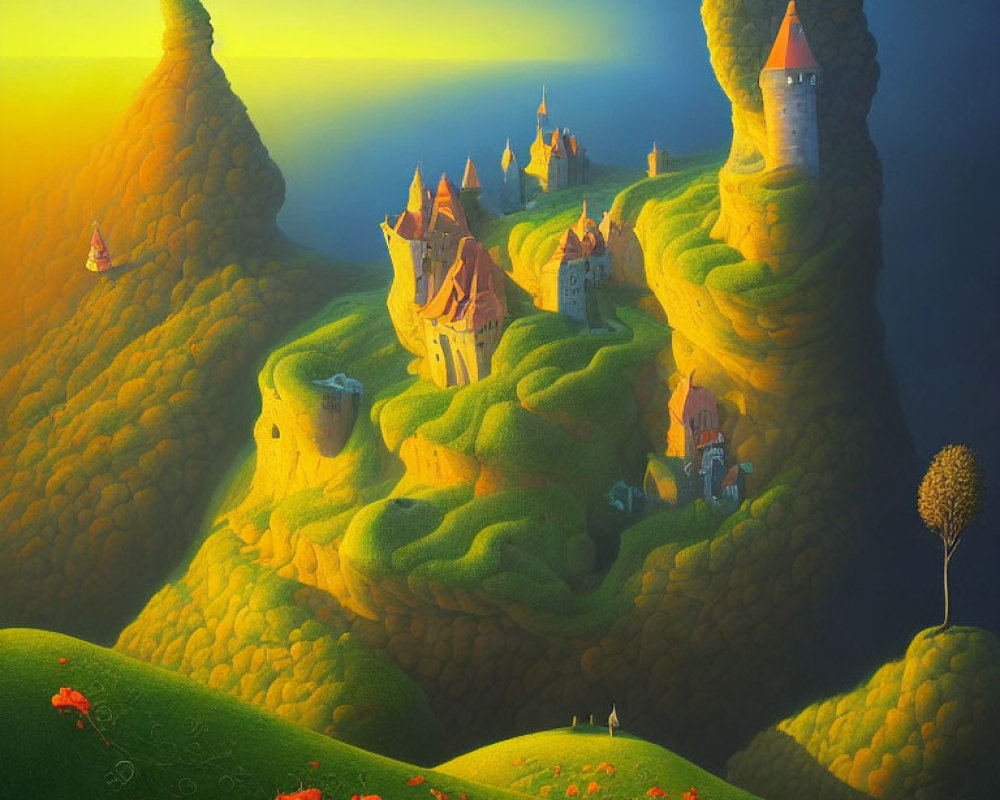 Fantastical landscape with green hills, castles, lone tree, and red flowers.