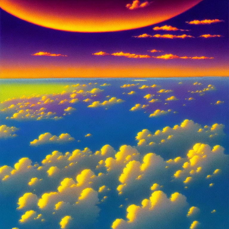 Large Orange Planet Over Cloudy Landscape in Surreal Sky