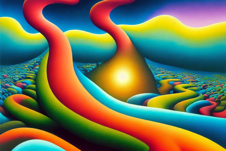 Surreal landscape with multicolored shapes and glowing orb