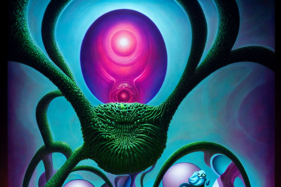 Surreal artwork: Glowing pink orb, green tendrils, blue backdrop