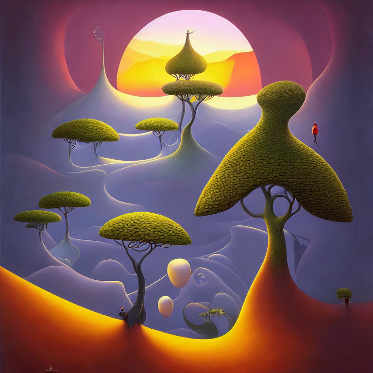 Surreal sunset landscape with green mushroom trees and solitary figure