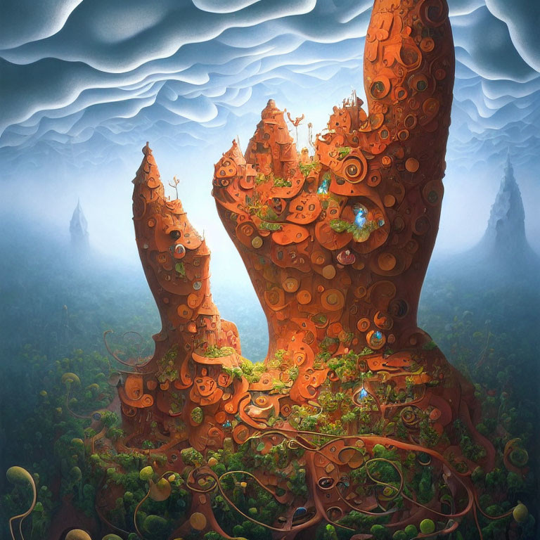 Fantastical landscape with towering orange spiral formations and floating islands