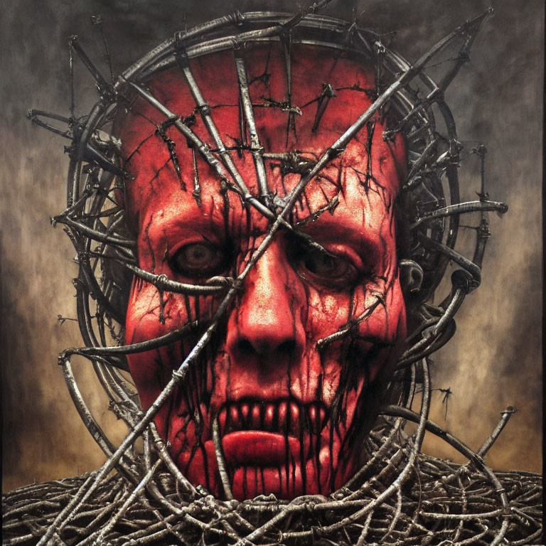 Intense red face with barbed wire piercing skin